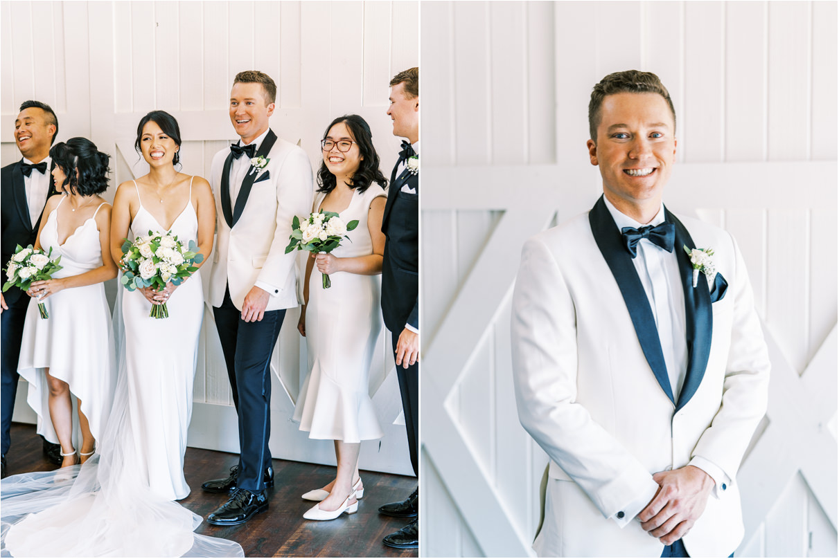 Bride and groom smiling with friends