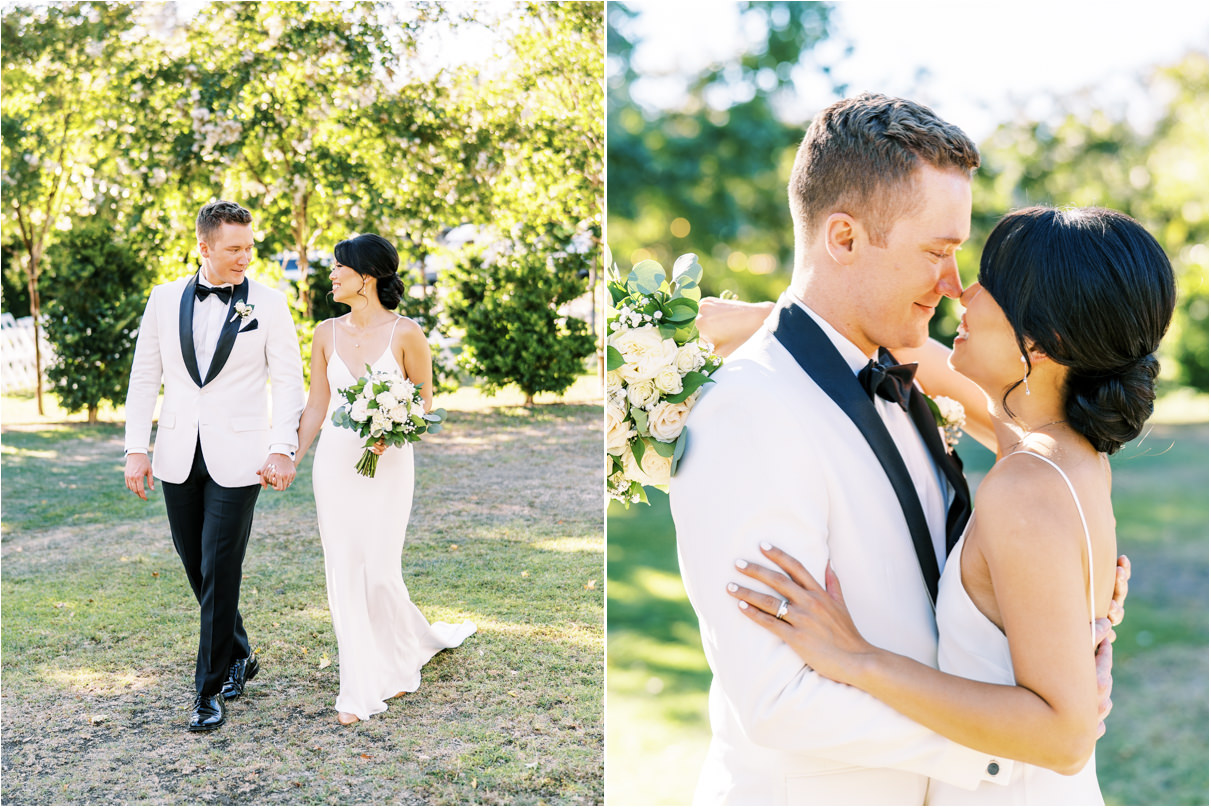 Bride and groom walking on lawn