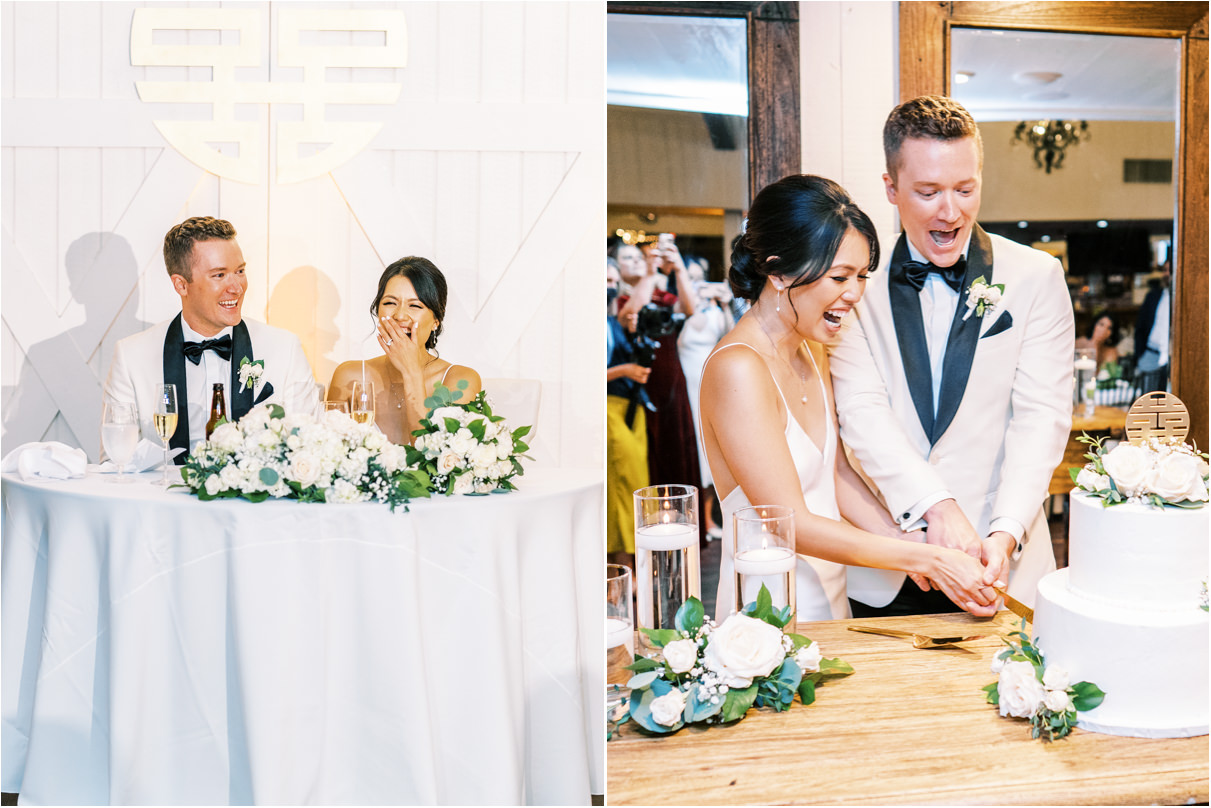 Bride and groom laughing and cutting wedding cake at country club