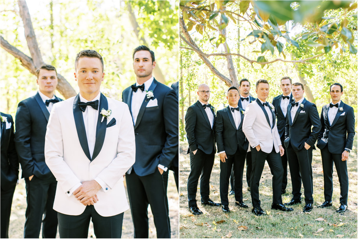 Groom with groomsmen in monochromatic suits