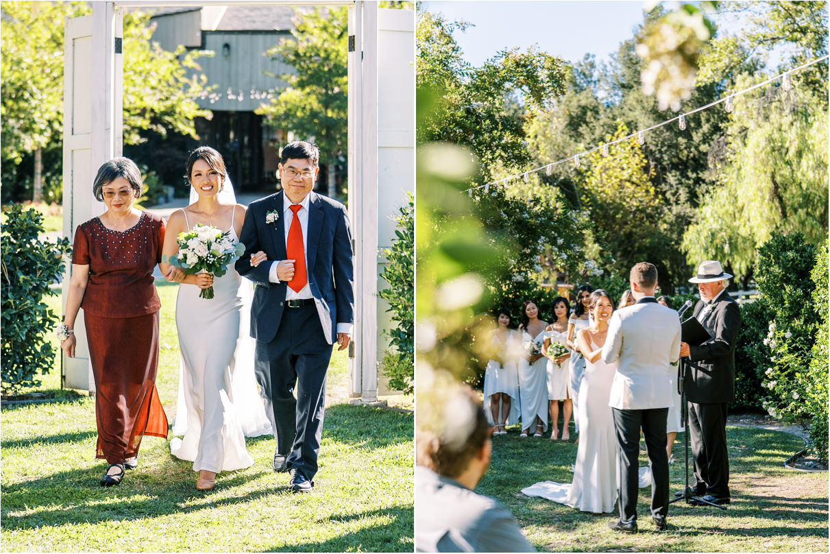 Bride walking down aisle with parents for wedding ceremony