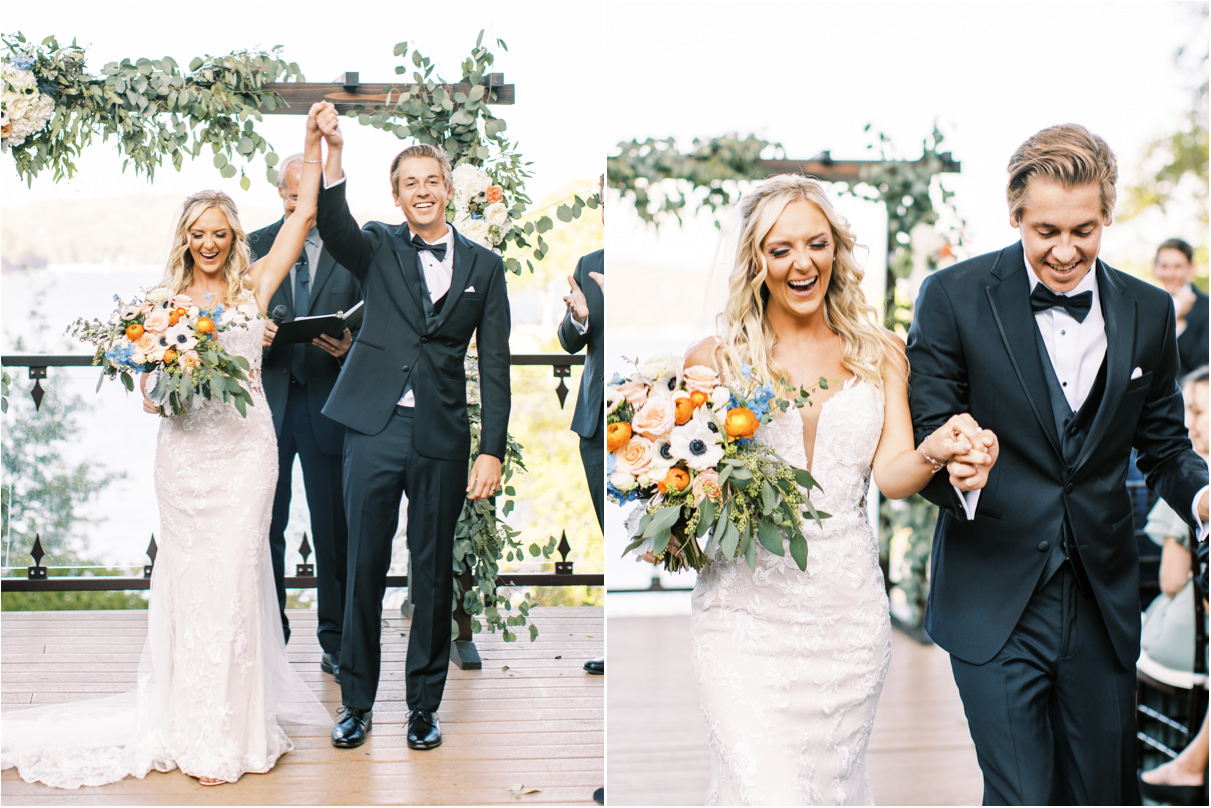 Bride and groom smiling as they walk down the aisle