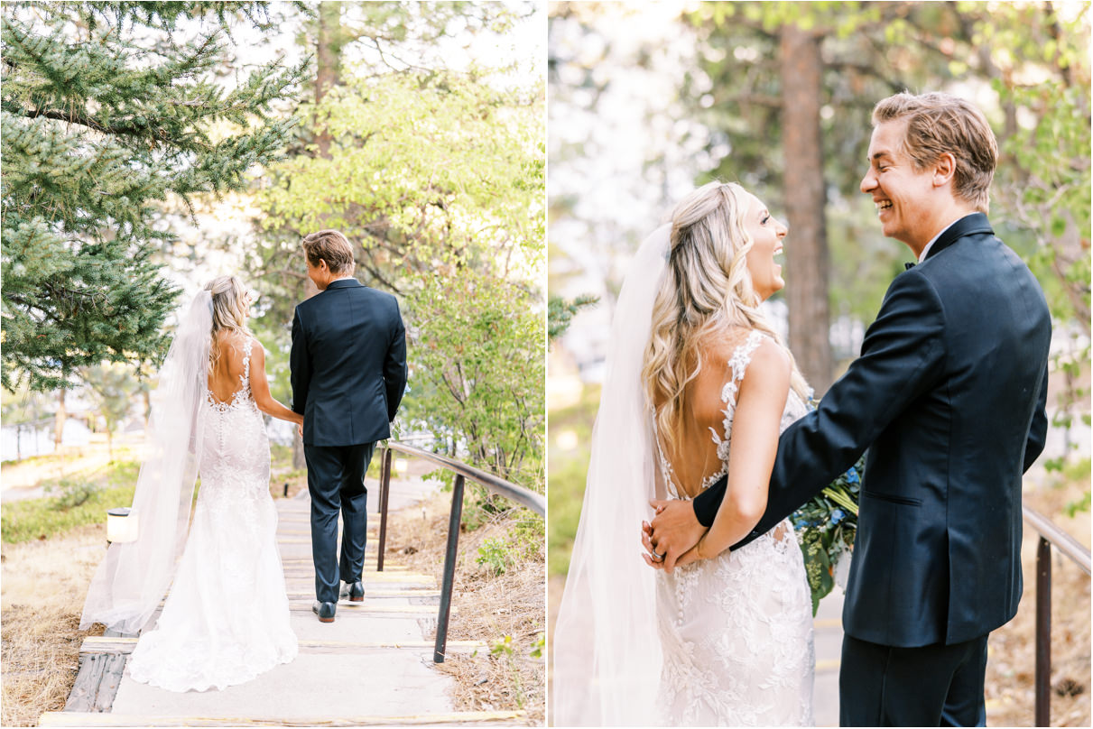 Bride and groom walking down stairs