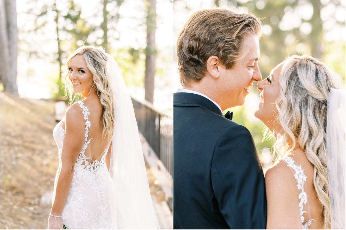 Bride and groom laughing with each other