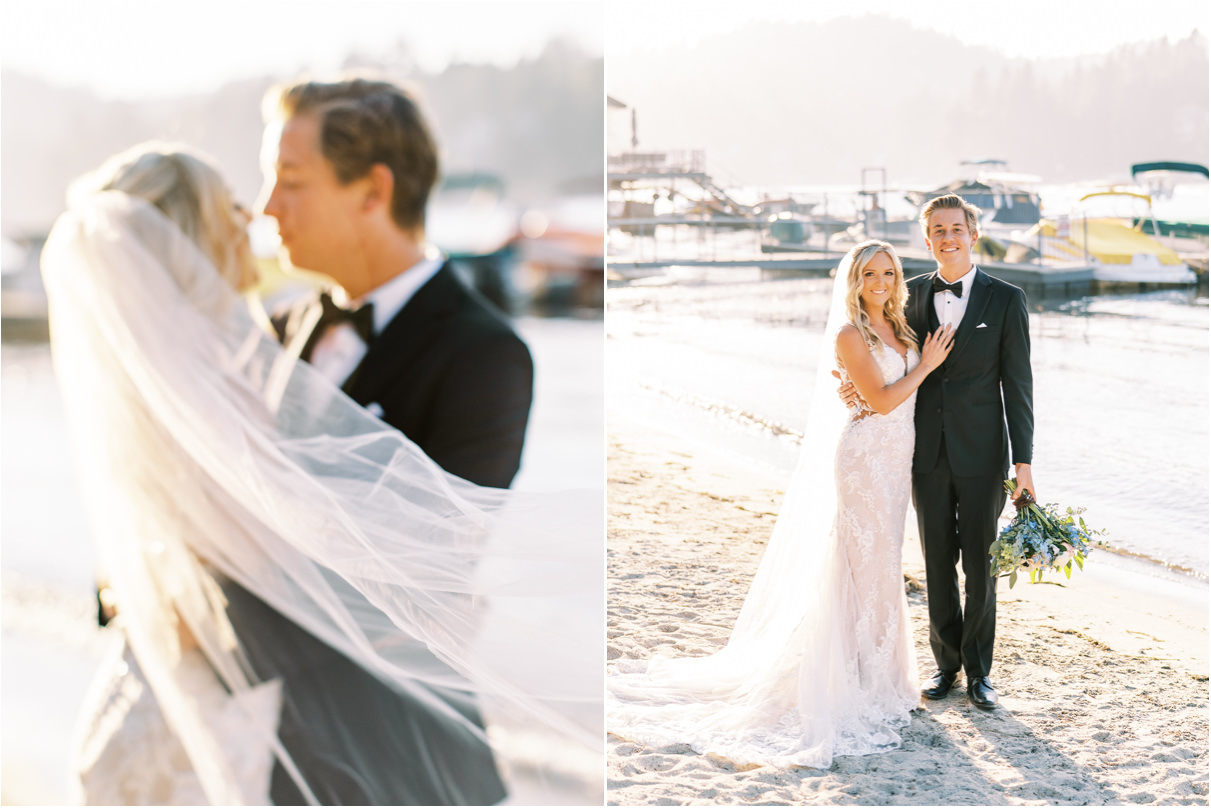 Lake Arrowhead wedding portraits of Bride and Groom on sand