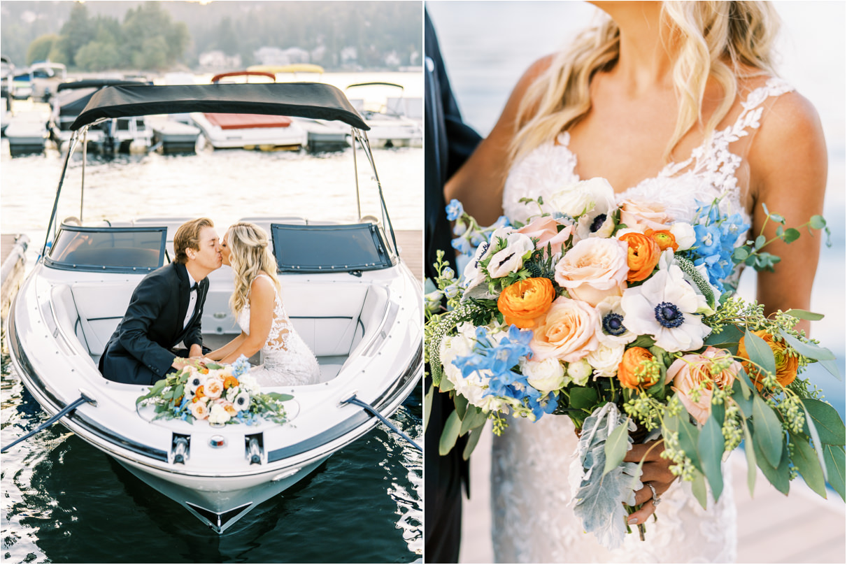 Bride and groom kissing on boat