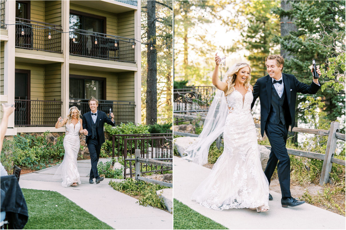 Bride and groom walking into reception holding drinks and dancing