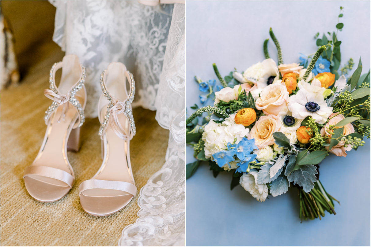 Colorful wedding bouquet and brides high heels