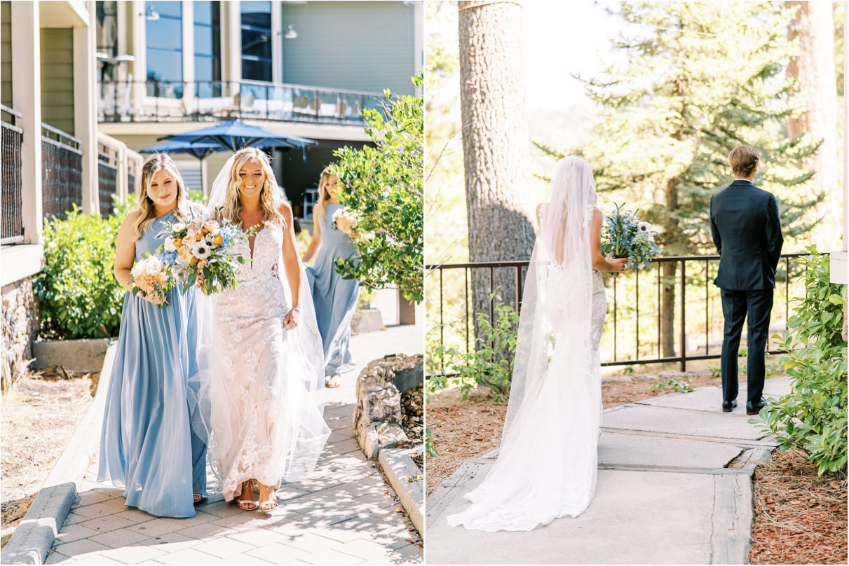 bride and bridesmaids walking outside holding bouquets