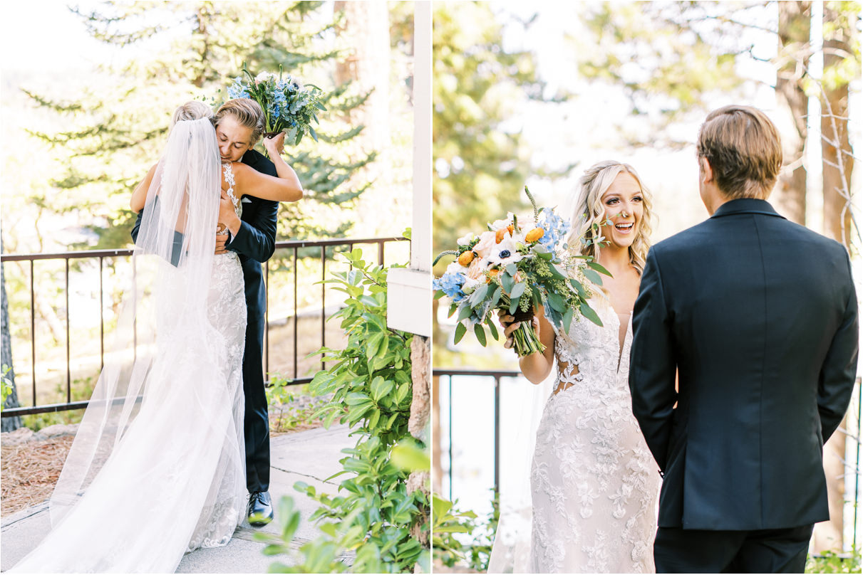 Bride and groom embracing and smiling after first look