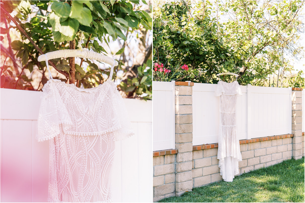 Wedding dress hanging in san clemente backyard