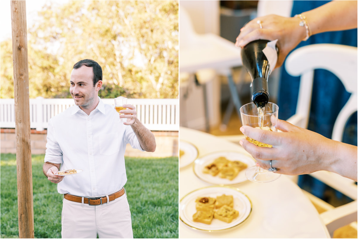 Groom toasting with French wine and foie gras