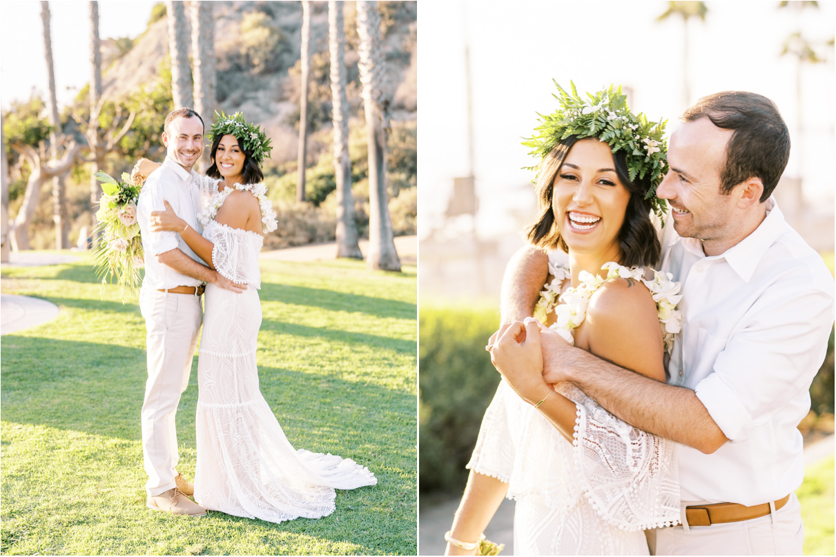 Bride and groom smiling holding each other