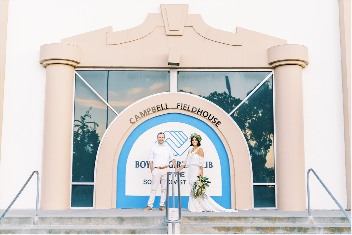 Bride and Groom in front of Boys and Girls Club building