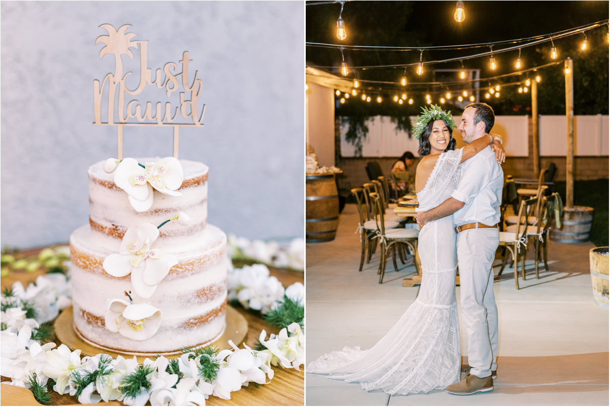 Wedding cake and bride and groom dancing