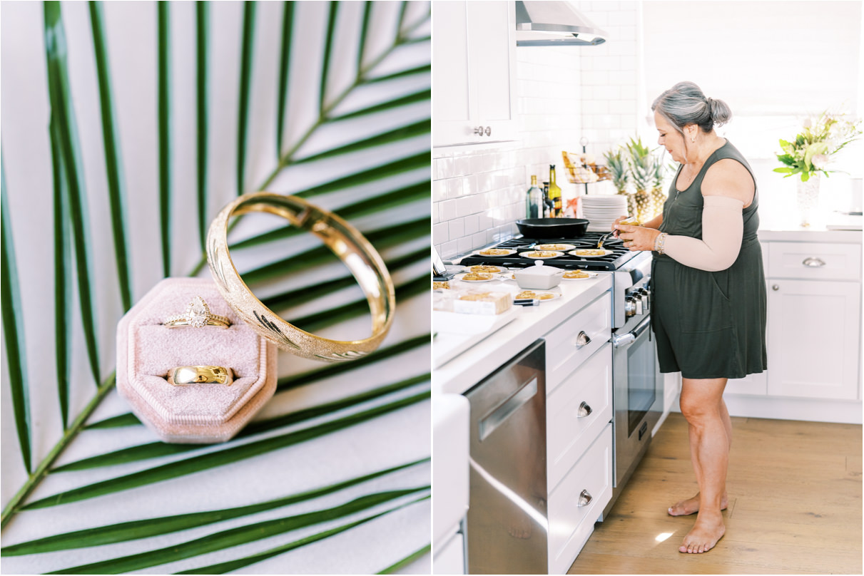 Wedding rings and woman preparing food in kitchen