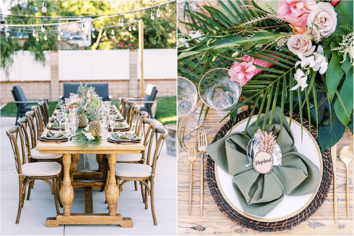 San Clemente wedding in backyard reception table and place setting 