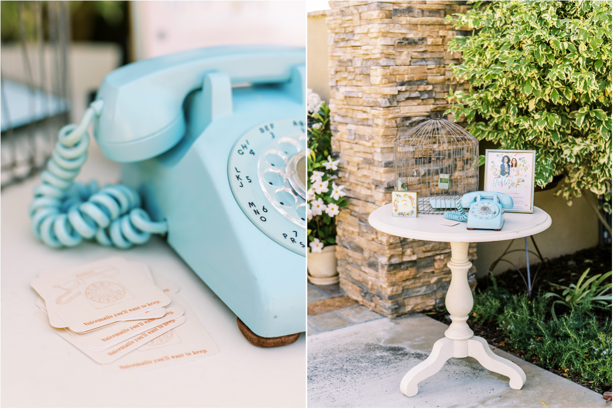 wedding sign in table with old phone to leave voicemail for happy couple