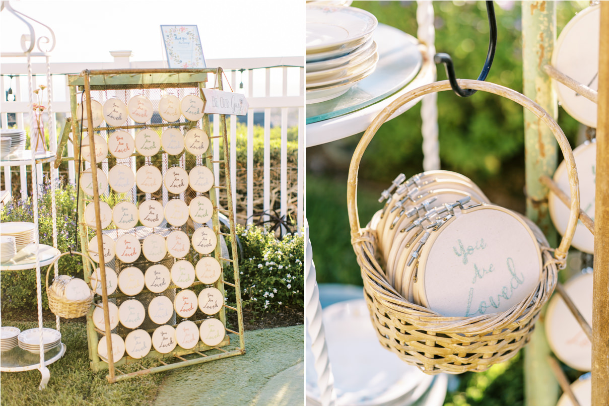 Hand stitched embroidery hoops as wedding favors