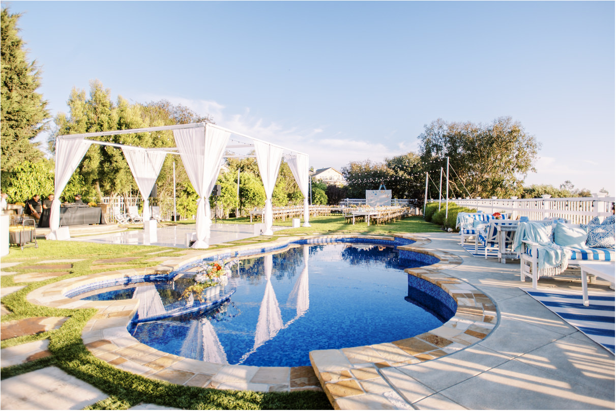 Large backyard with blue pool and blue sky