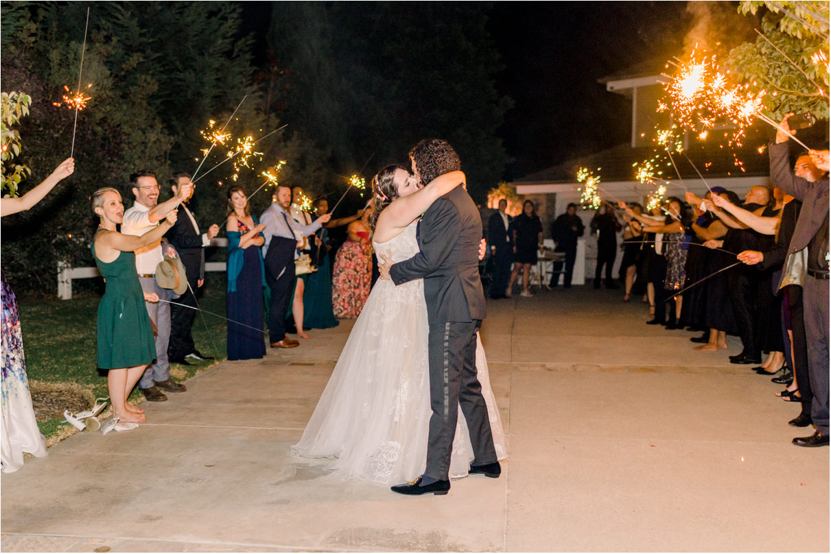 Bride and groom kissing with guests surrounding them holding sparklers