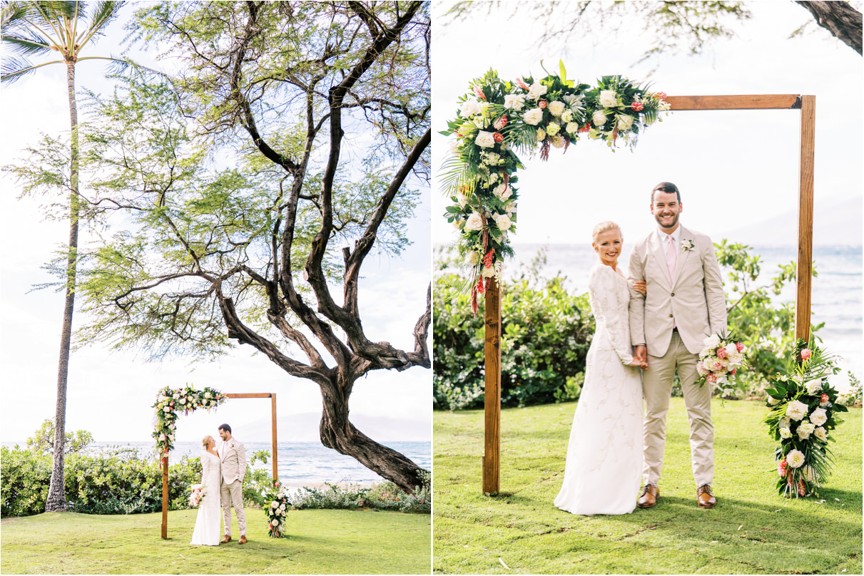 bride and groom under altar in Maui