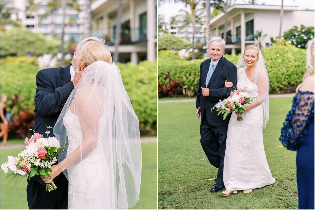 Father of the bride walking down aisle and wedding ceremony