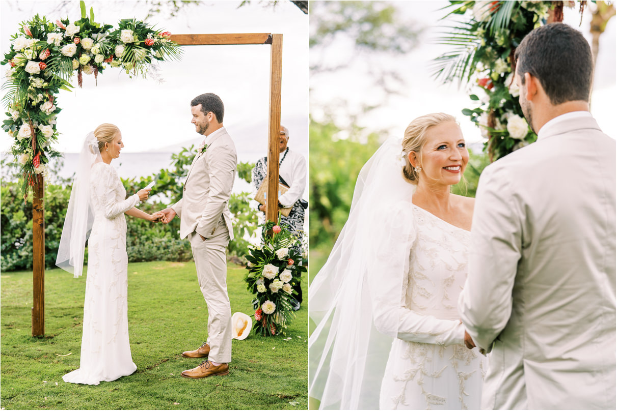 bride and groom exchanging wedding vows in Maui