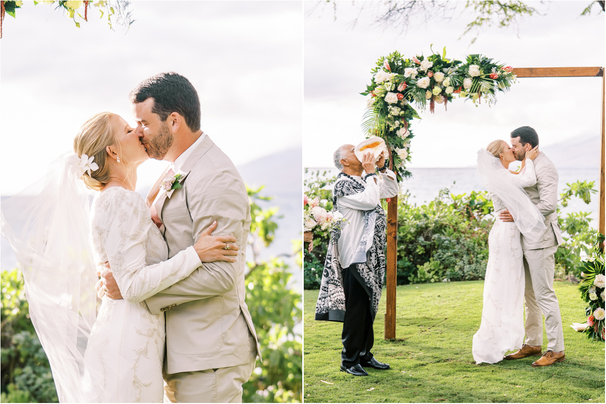 bride and groom kissing after saying I do