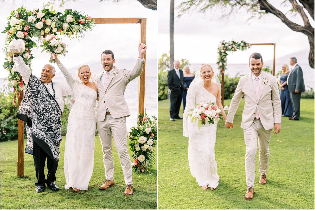 bride and groom celebrating after tying the knot in maui