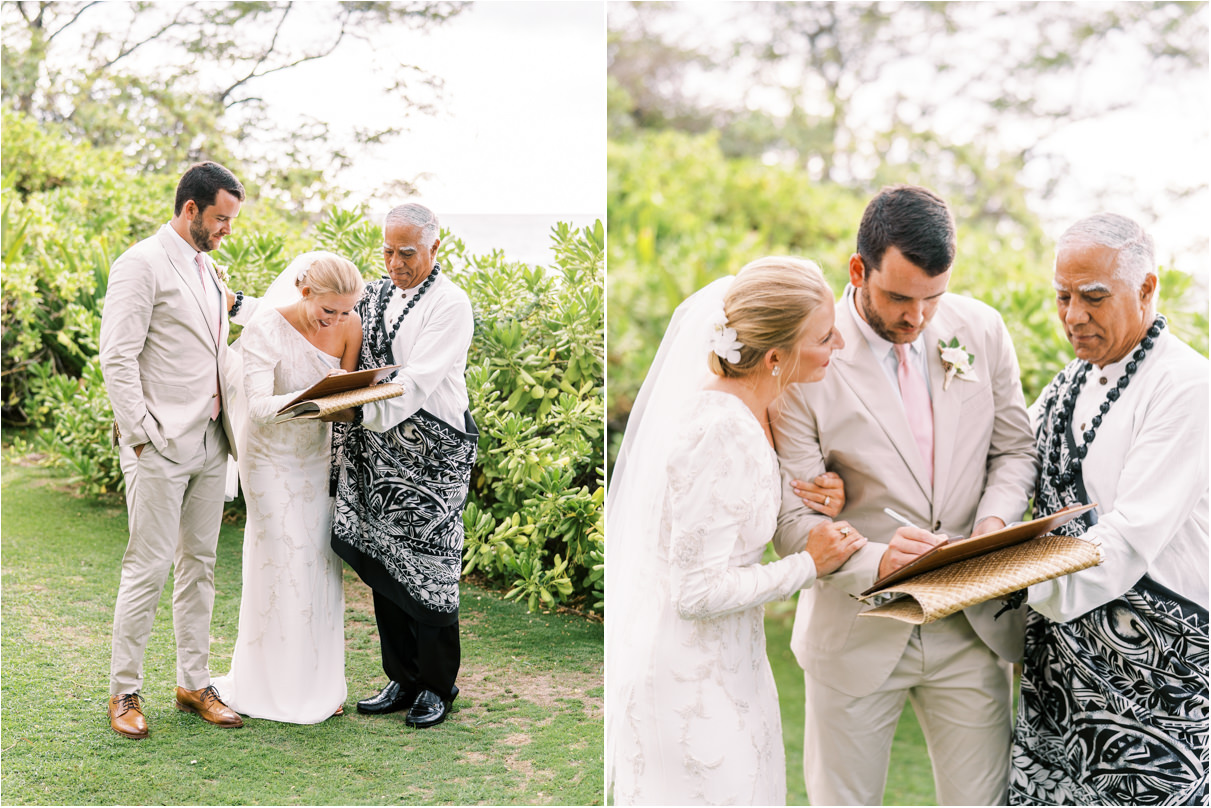 bride and groom signing marriage license