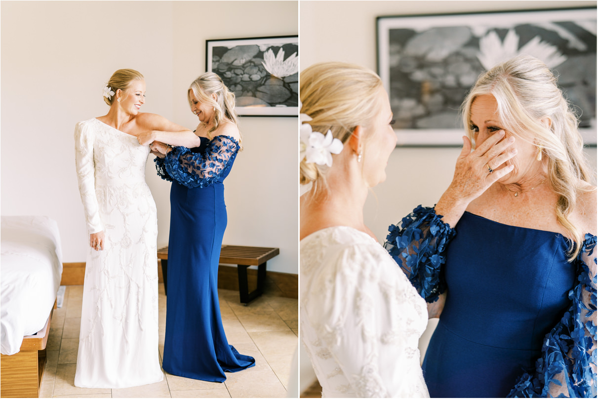 mother of the bride helping bride get dressed