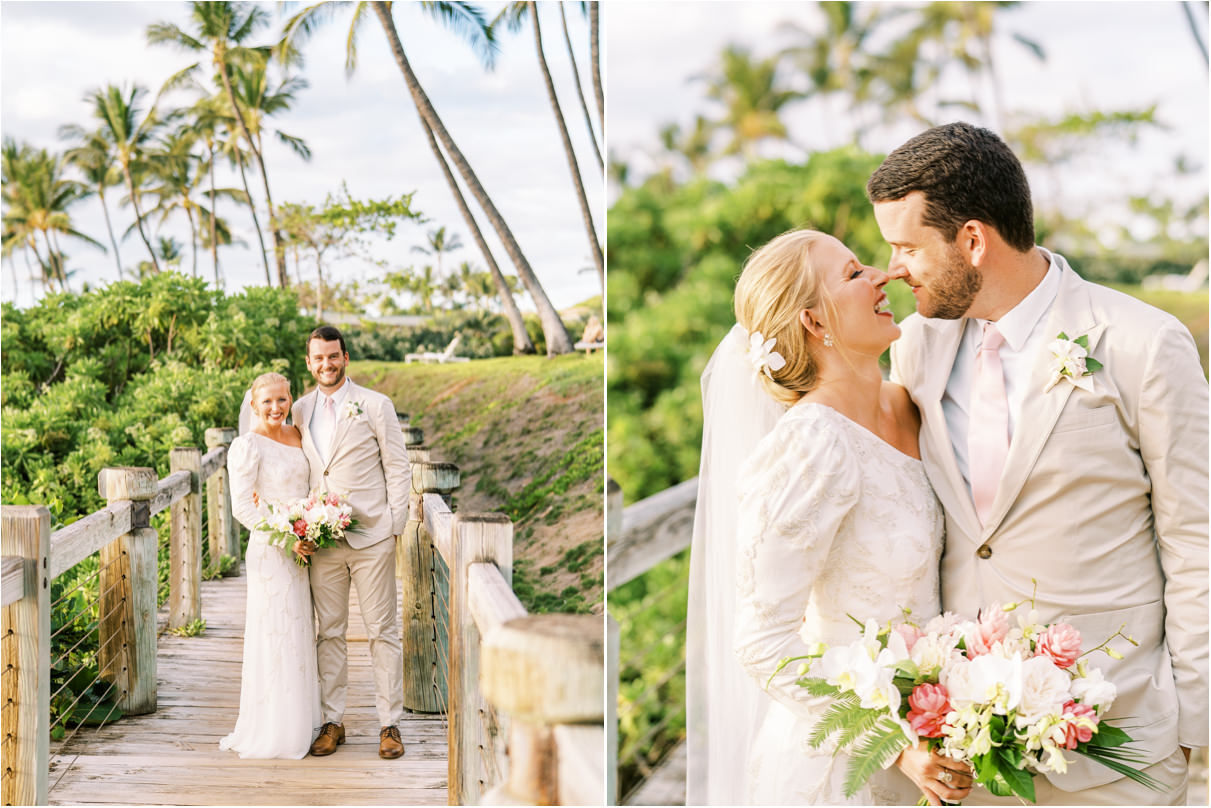 Bride and groom smiling holding each other