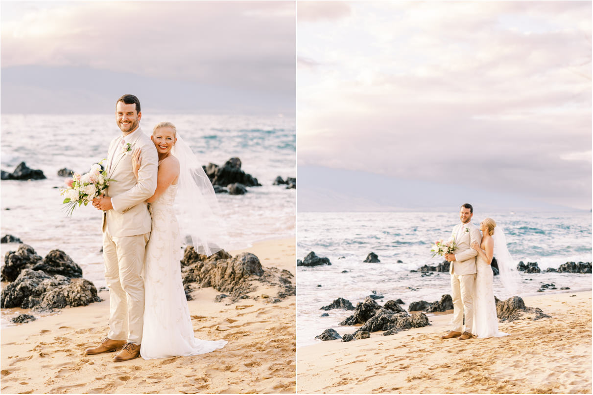bride holding groom from behind at sunset on Maui beach
