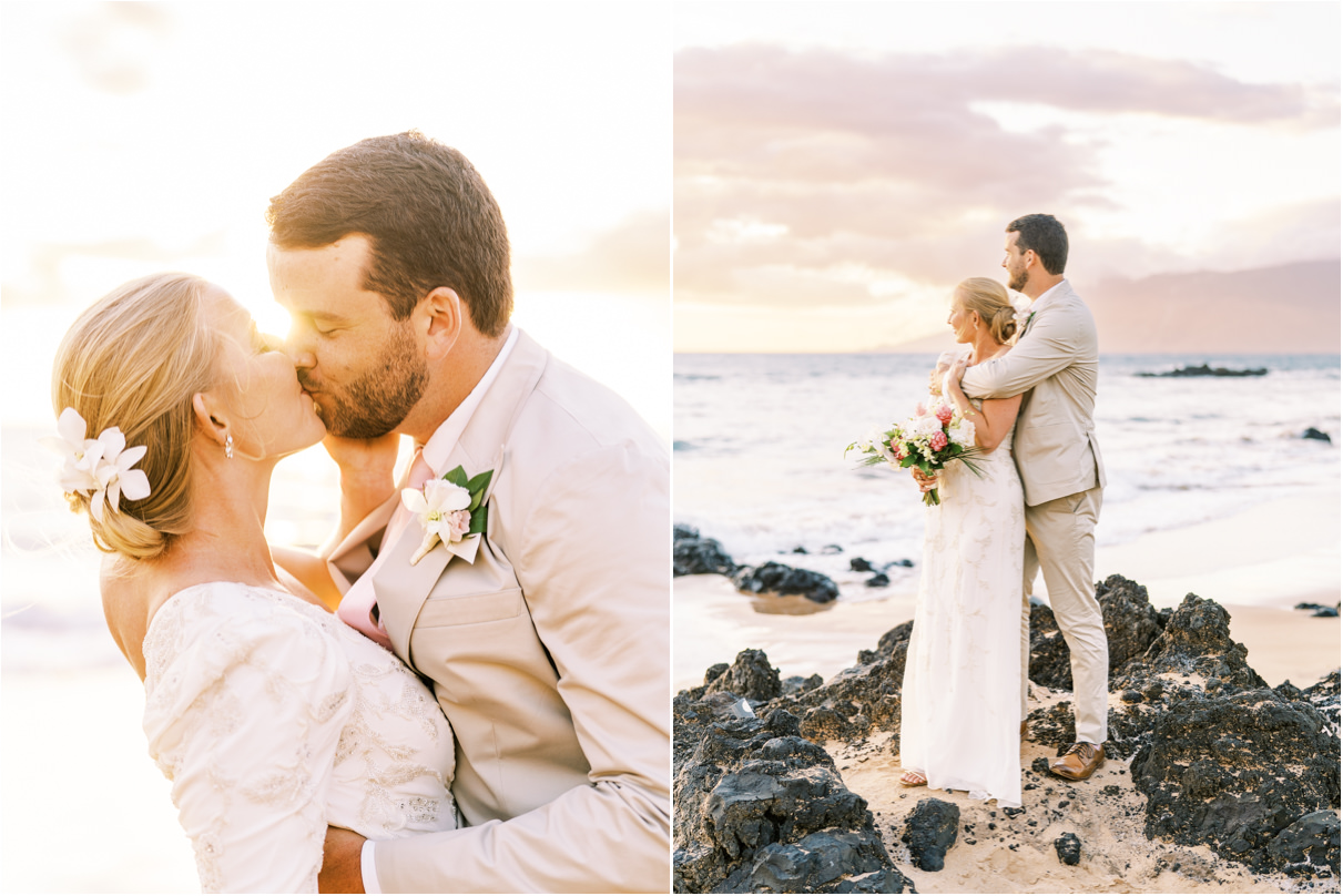 bride and groom kissing at sunset on the beach