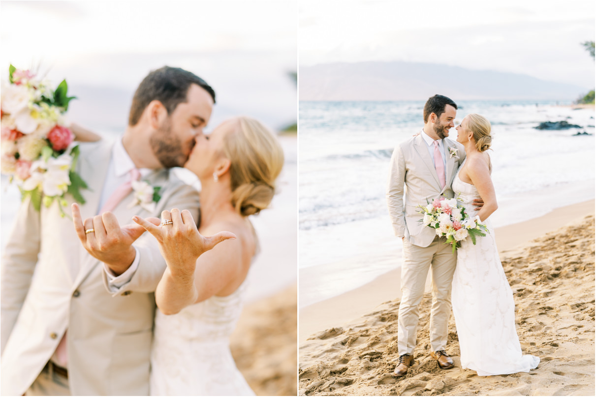 bride and groom kissing while giving shaka