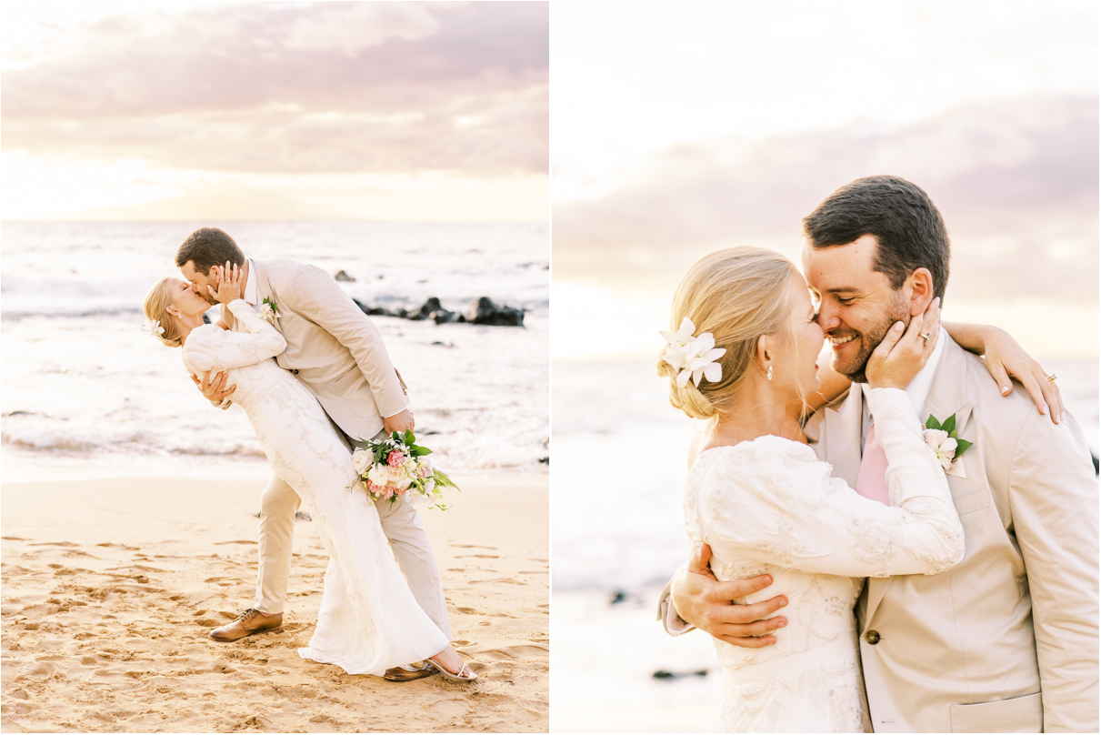 bride and groom kissing at sunset on Maui beach