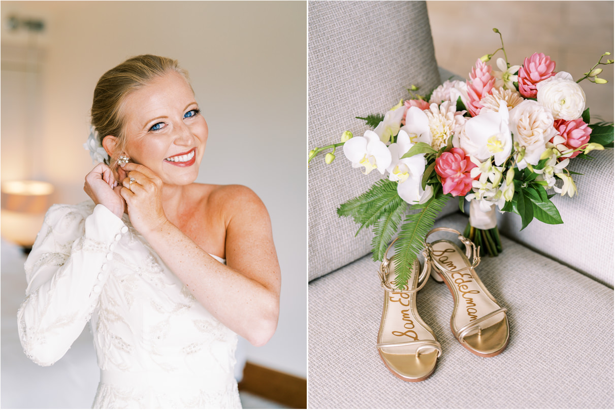 bride putting on wedding earrings