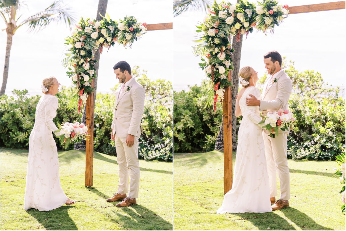 bride and groom first look