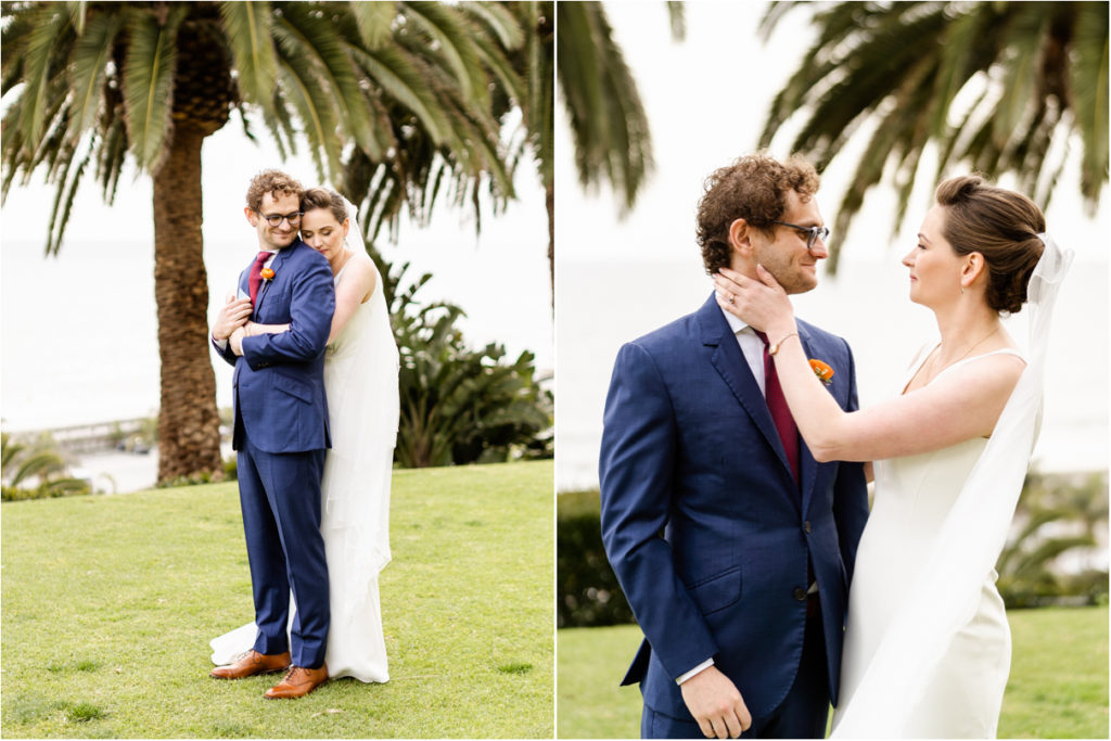 bride and groom first look on lawn at bel air bay club