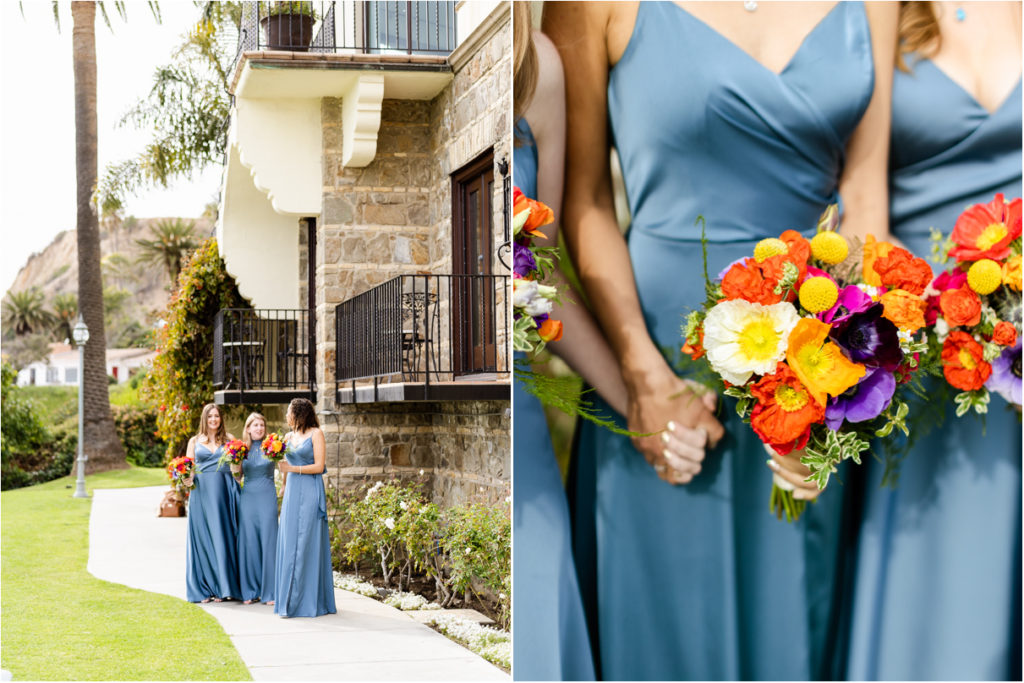 bridesmaids holding colorful flower boquets