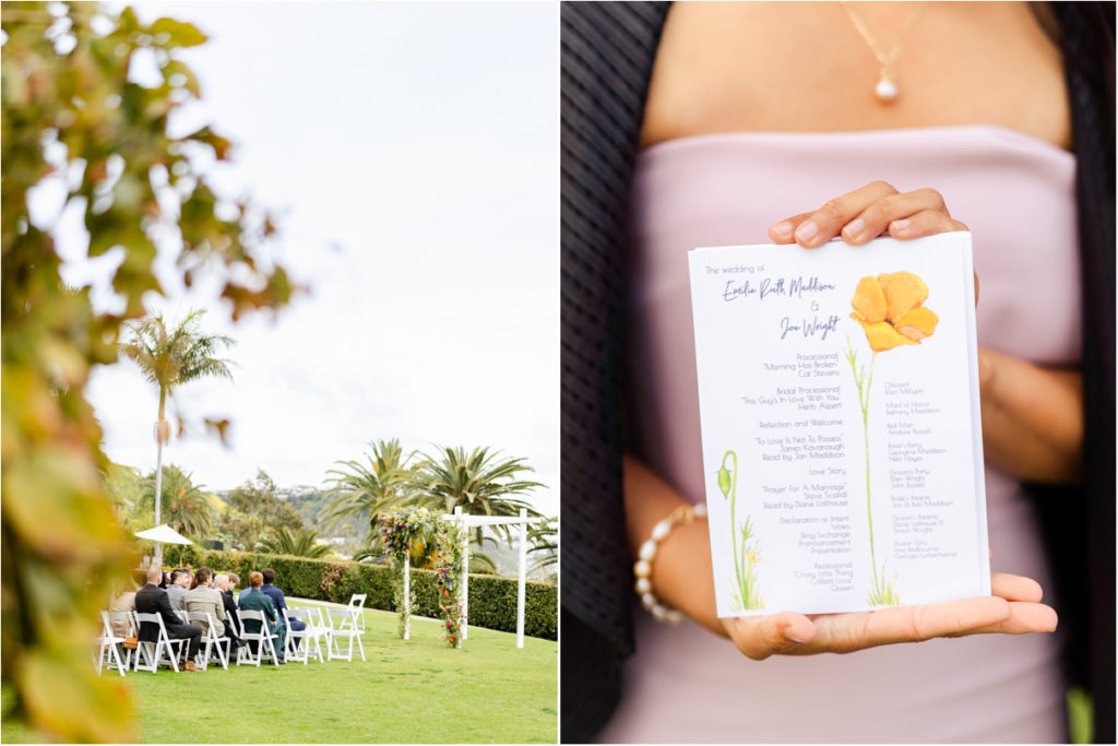 wedding ceremony guests sitting on lawn and wedding program