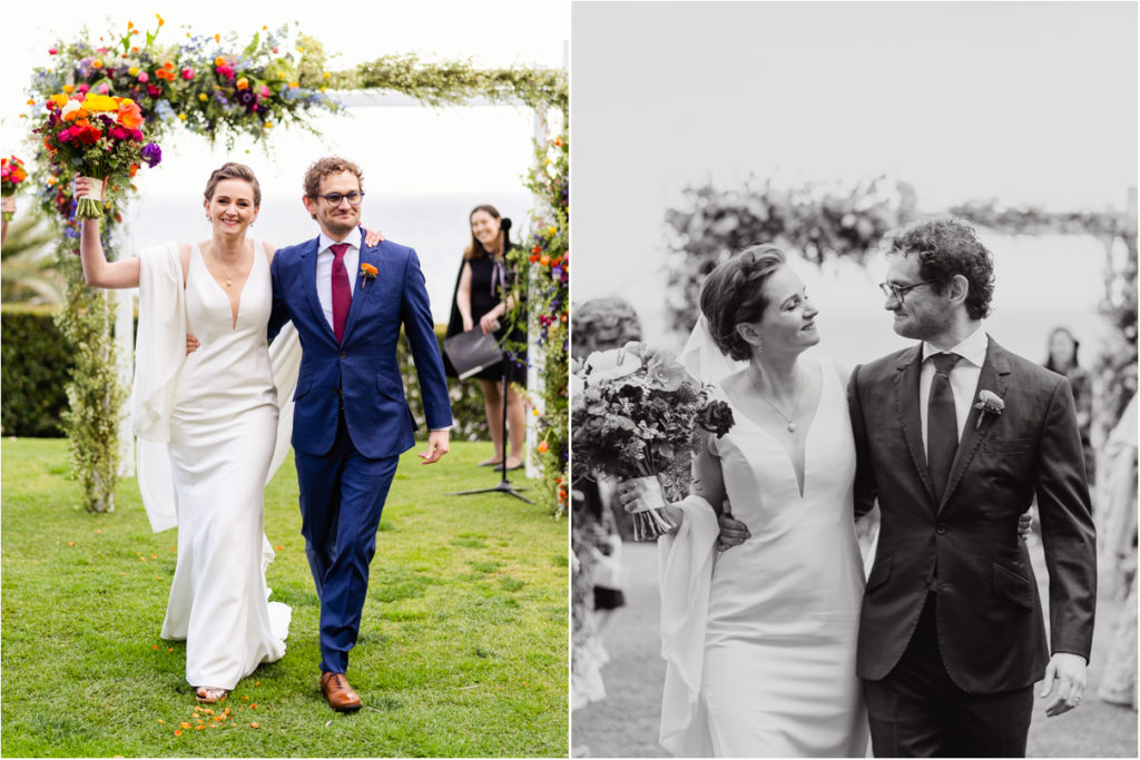 bride and groom walking down aisle smiling