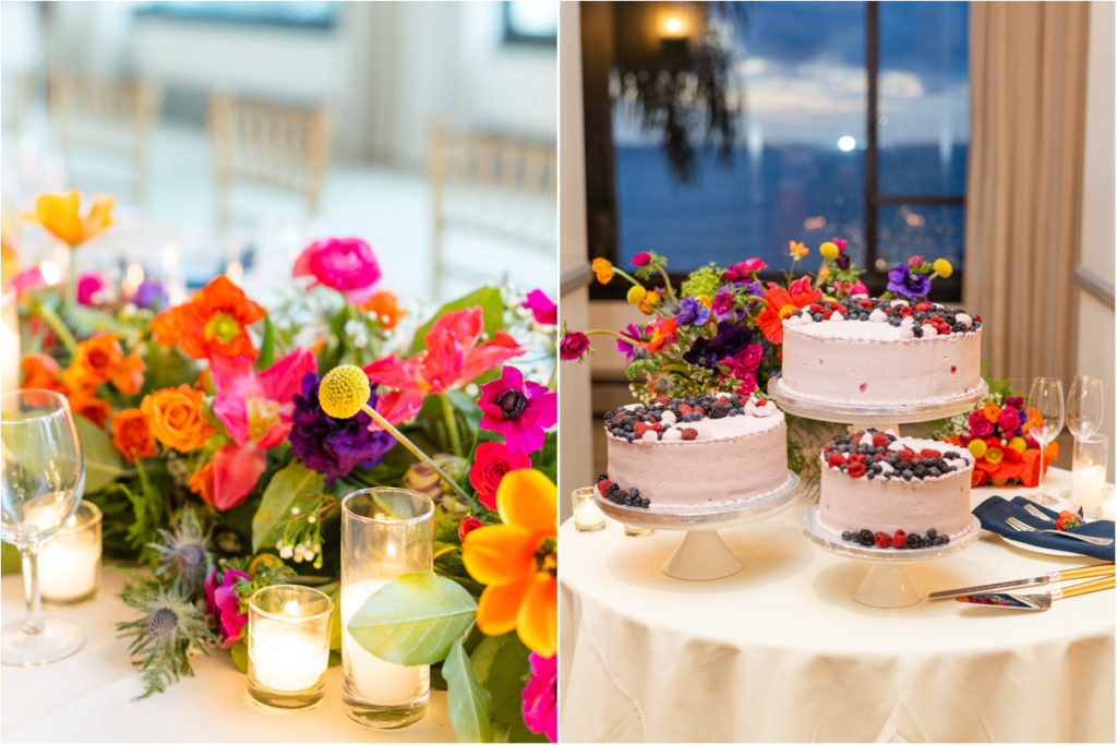 wedding berry cakes and bright flowers on table