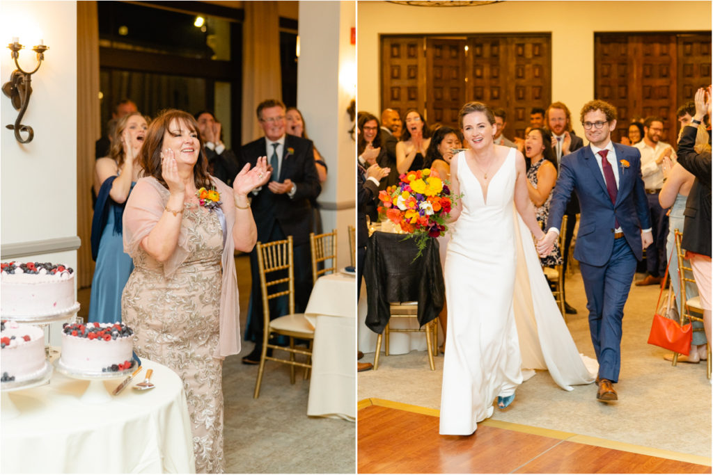 bride and groom entering wedding reception and mom clapping