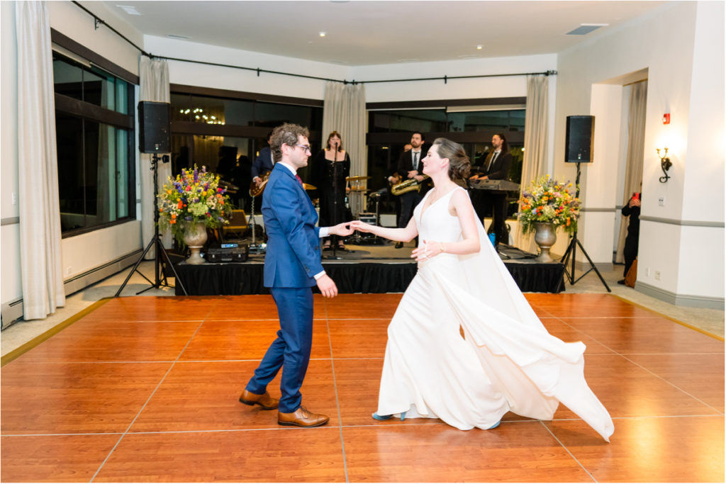 bride and groom dancing at wedding reception