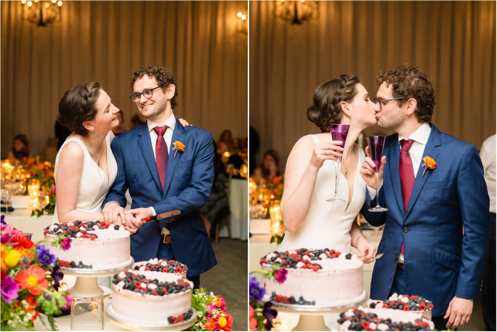 bride and groom cutting cake and kissing with champagne