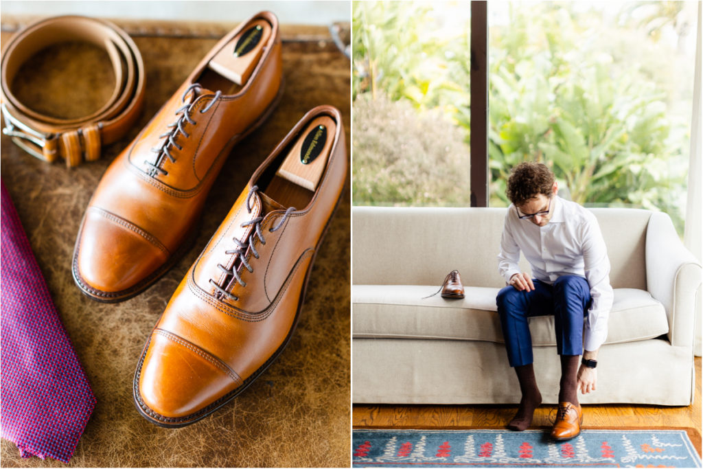 Groom getting ready on couch with leather shoes