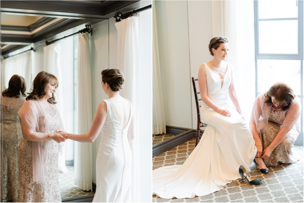 bride getting ready with mom