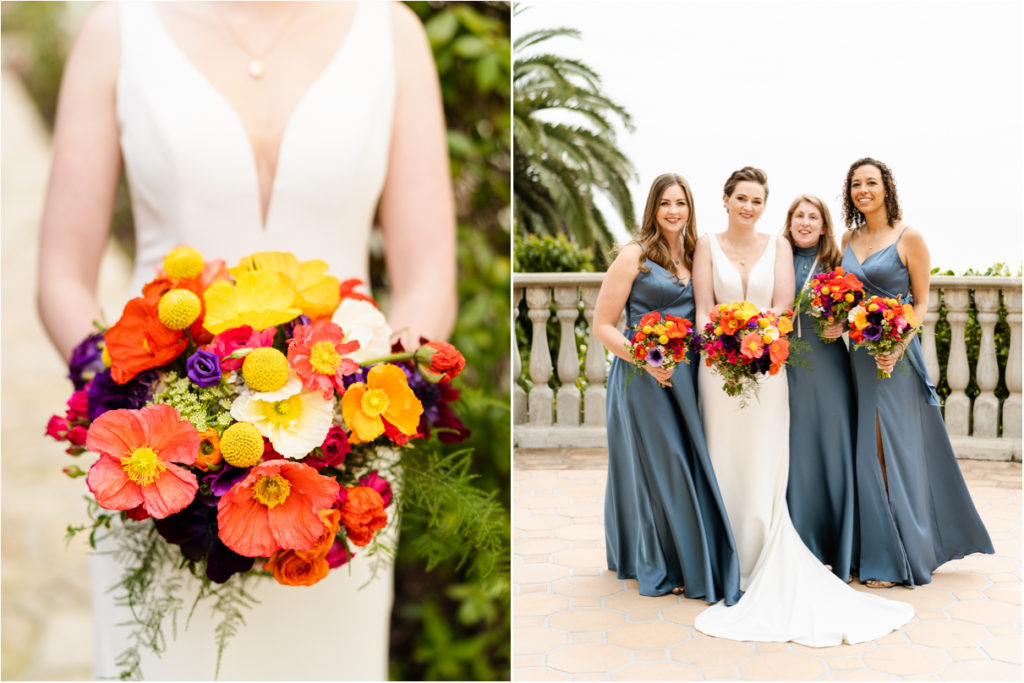 bride and bridesmaids holding colorful bouquets